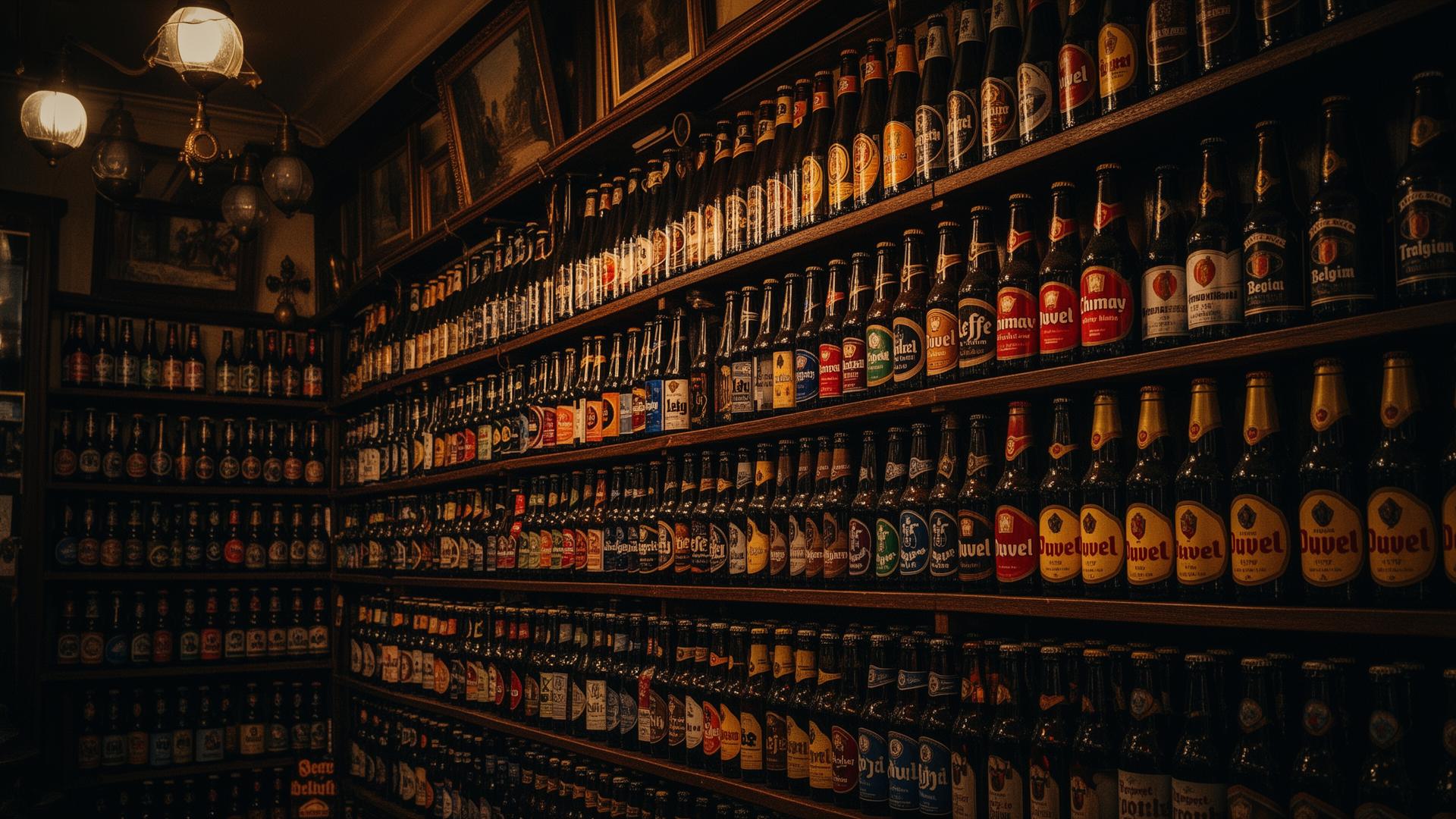 Mur de bières belges avec des centaines de bouteilles